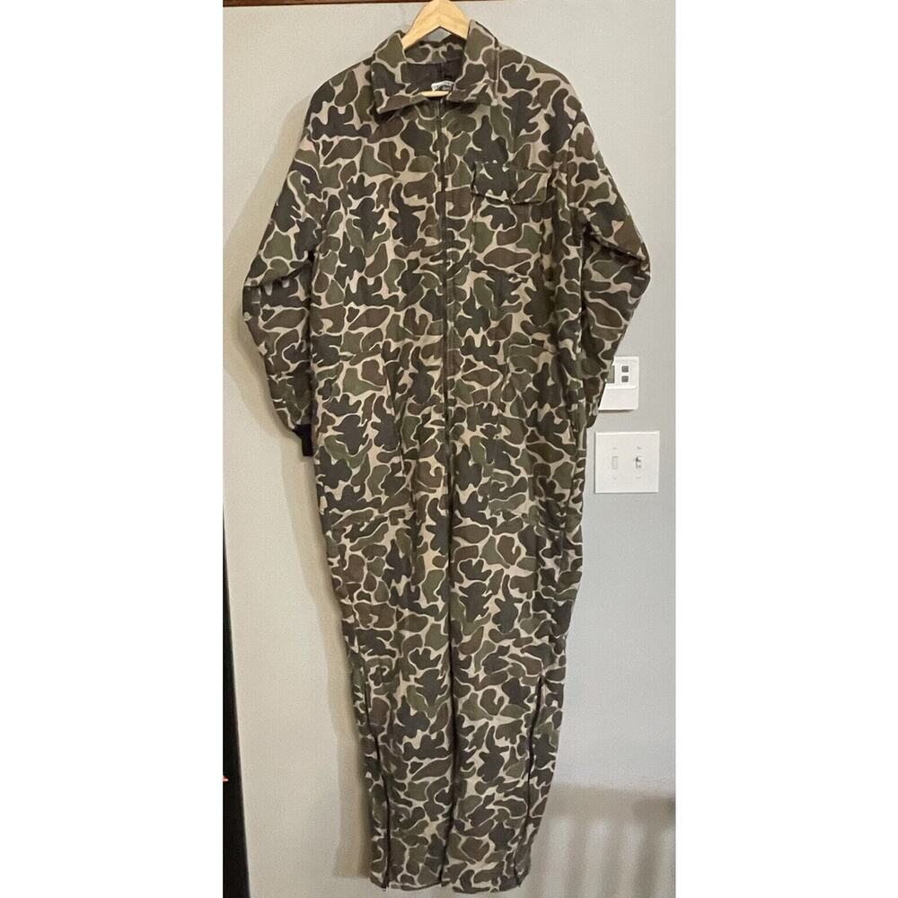 Vintage SAFTBAK Coveralls Frog print Camo Hunting Zip Up I Piece Suit L EUC